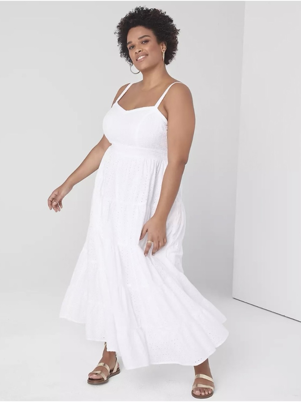 Lane Bryant White Eyelet Tiered Maxi Dress with Adjustable Straps